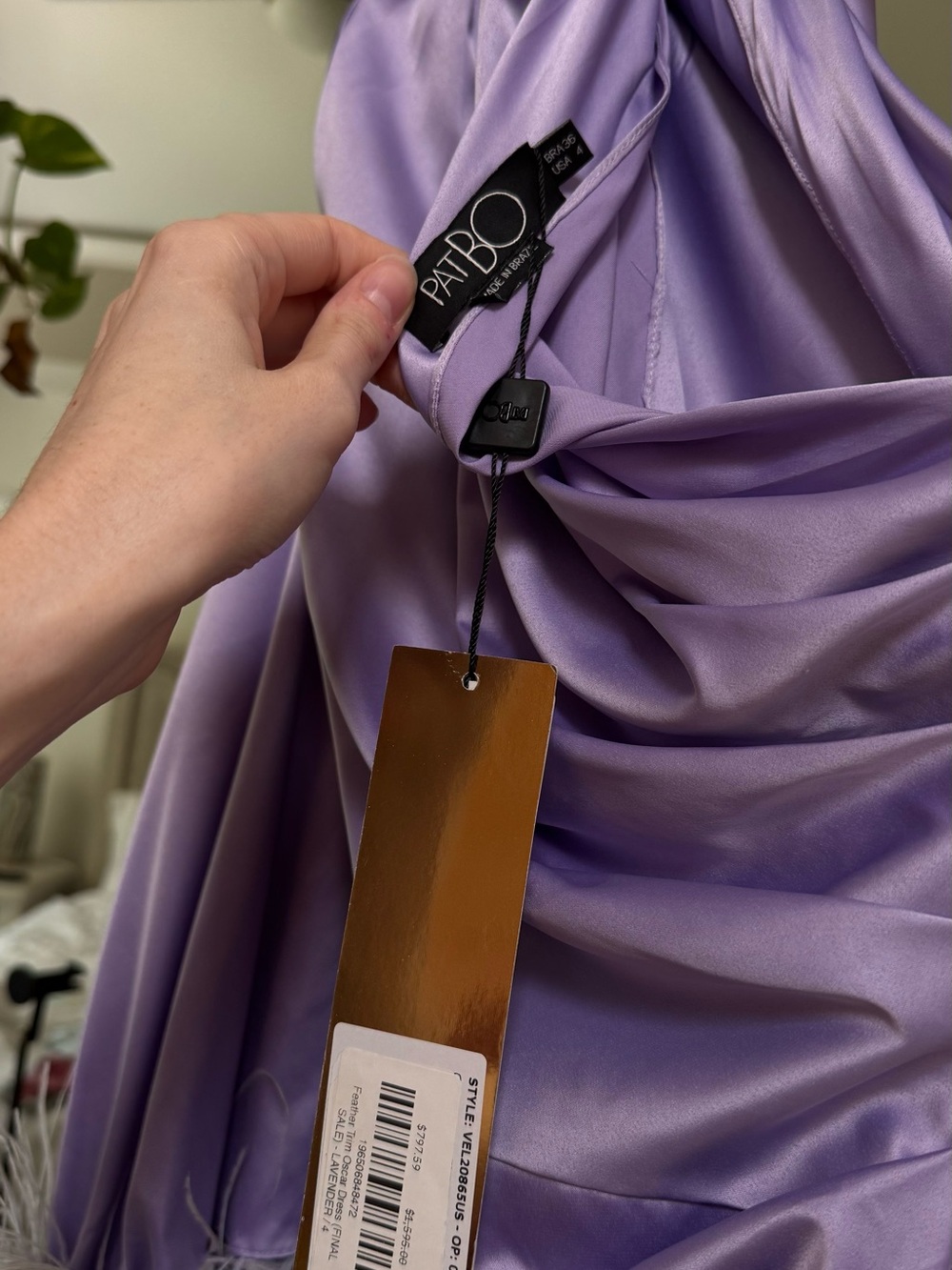PatBo Lavender Satin One-Shoulder Feather Trim Gown - Picture 3 of 4